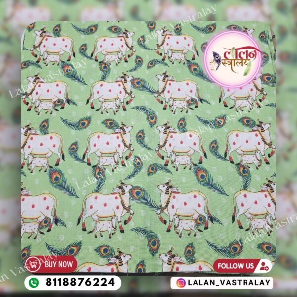 Mor Pankh Cow Digital Print- Light Green
