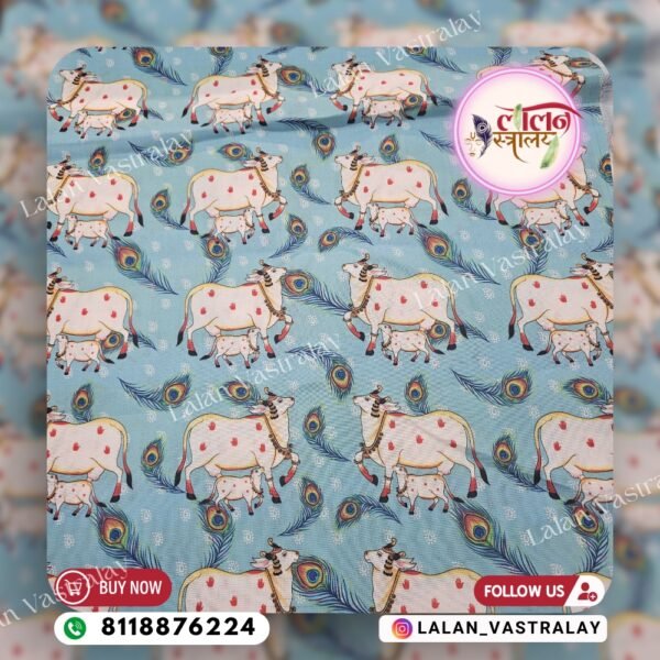 Mor Pankh Cow Digital Print- Sky Blue
